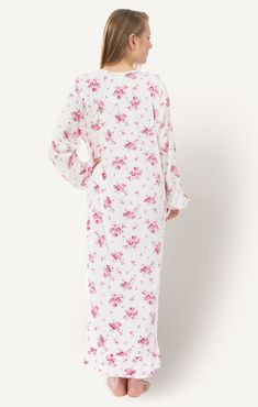 "This ultra-soft knit nightgown is accented with ruffles, a faux button closure, and gathers, so you can sleep in comfort and style. Featuring two different prints, two long sleeved styles, and one short sleeved style, these are perfect to wear year round. Get them embroidered for a gift or treat yourself! * NO-HEADACHE SIZES - Choose between three easy sizes: 🌺 S/M fits women's sizes 2 to 12 🌺 L/XL fits women's sizes 14 to 18 🌺 XXL fits women's sizes 20-22 * FLATTERING LENGTH - 47\" in lengt V-neck Sleepwear With Ruffles, Long Sleeve White Nightgown For Sleep, White Long Sleeve Nightgown For Sleep, White Long Sleeve Nightgown For Pajama Party, White V-neck Nightgown For Pajama Party, Spring White Robe For Bedtime, White V-neck Sleepwear For Sleepover, White Long Sleeve Dress For Sleepover, White Spring Bedtime Robe