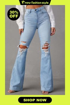 Casual High Waist Distressed Ripped Flare Leg Denim Jeans Fall Ripped Denim Flare Jeans, Trendy Ripped Flare Jeans For Fall, Trendy Non-stretch Distressed Flare Jeans, Ripped Fitted Flare Jeans For Summer, Summer Ripped Fitted Flare Jeans, Fall Fitted Ripped Flare Jeans, Ripped Stretch Flare Jeans For Summer, Trendy Fitted Ripped Flare Jeans, Summer Ripped Stretch Flare Jeans