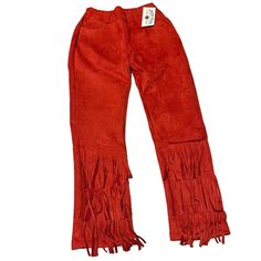 Crazy Train Womens Small Fringe Faux Suede Elastic Waist Pants Rust Red D3 High Waist Bottoms With Fringe For Fall, Fitted Fringed Pants For Fall, High Waist Fringe Bottoms For Fall, Fitted Fringe Pants For Fall, High-waist Fringe Bottoms For Fall, Red Trousers For Festival, Fitted Fringe Bottoms For Fall, Wide Leg Pants With Fringe For Fall, High Waist Pants For Fall Festival