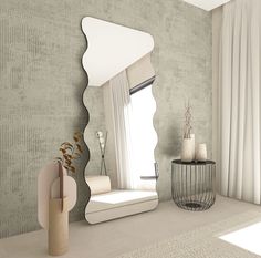 a mirror sitting on top of a wall next to a chair and vase in front of a window