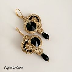 Элегантные золотые серьги soutache | Etsy Crystals Black, Pastel Earrings, Toho Beads, Soutache Earrings, Earrings Photo, Slovakia, Black Crystals, Elegant Earrings, Metal Base