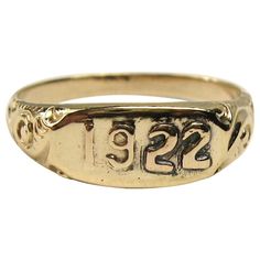 Wonderful 1922 embossed 10k Gold Ring. Scrolled design on the shank of the ring. The ring is a size 6-1/4 and can be sized by us or your jeweler. The ring is hallmarked inside the band. The ring is 1/4" wide at the top. This is out of a massive collection of New Old stock items as well as Hopi, Zuni, Navajo, Southwestern, sterling silver, (costume jewelry that was not worn) and fine jewelry we have both on fashion and the fine jewelry platforms. Be sure to check our storefront for more fabulous