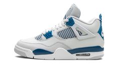 The Air Jordan 4 OG "Military Blue" is an original colorway of Michael Jordan’s fourth signature shoe that was re-released by Jordan Brand in May 2024.  The Jordan 4 “Military Blue” is one of the retro basketball sneaker’s original colorways, and one of its rarest, too.  The style was only released twice before, in 1989 and 2006, until it was brought back in 2024.  The modern version of the “Military Blue” remains faithful to the original look, in that it features the same shape, color block, and “Nike Air” branding as the ‘89 version.  The shoe has a white leather upper with a Neutral Grey overlay on the toe.  Additional Neutral Grey accenting appears on the lace holder “wings. ” White netting is layered over Military Blue mesh on the mid-panel and tongue.  More Military Blue accenting co Jordan 4 Military Blue, Nb Shoes, Jordan 4’s, Nike X Travis Scott, Blue Jordans, Jordan 2, Jordan 4 Retro, Kids Uggs, Womens Jordans