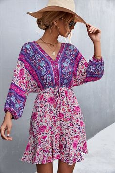 Women's Bohemian Dress Floral Print V-Neck Bat Sleeve Loose Casual Beach Mini Dress Bohemian V-neck Maxi Dress With Floral Print, Bohemian V-neck Floral Print Maxi Dress, Patterned V-neck Mini Dress For Beach, Printed V-neck Boho Dress For Festivals, Patterned Floral Print V-neck Boho Dress, Patterned V-neck Summer Mini Dress, Patterned V-neck Mini Dress For Summer, Spring Patterned V-neck Boho Dress, Multicolor Floral Print V-neck Dress For The Beach