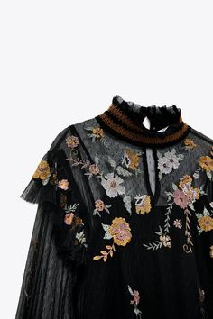 Marceline Fashion, Dreamy Fashion, High Collar Blouse, Tulle Blouse, Blouse With Long Sleeves, Zara Spain, Embroidered Tulle, Zara Blouse, Embroidered Jacket