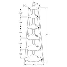 a tall tower with four shelves and measurements for each shelf, including the top section