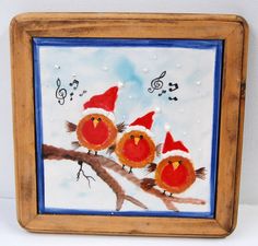 three birds are sitting on a branch with musical notes in the background and snow flakes all around them