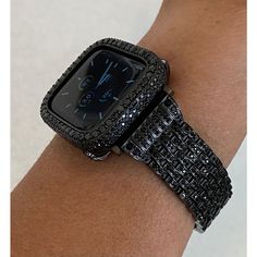 Bling Hand Made Apple Watch Band Style Replacement. Fits the Apple Watch available for sizes 38,40,41,42,44 and 45mm in series 1,2,3,4,5,6,7 or SE Men's & Women's. This is a custom design made to fit the Apple Watch, it is not a brand copy. Hand Made Custom Black on Black Apple Stainless Steel Watchband with Black Lab Diamonds and a Butterfly Buckle closure. Very High End Design and Quality, truly one of a kind. Add the matching bezel for an over the top Holiday Party Accessory. Jeweled Watch Ba Apple Watch Cover, Black Apple Watch, Black Apple Watch Band, Custom Apple Watch Bands, Holiday Party Accessories, Bracelet Apple Watch, Ceramic Watch, Iwatch Apple, Apple Watch Case