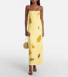 Diamond Dancer linen-blend midi dress in yellow - Alemais | Mytheresa Summer Vacation Maxi Dress With Straight Neckline, Chic Linen Floral Print Dress, Floral Print Linen Dresses For Summer, Summer Linen Dresses With Floral Print, Vacation Linen Dresses With Floral Print, Spring Midi Dress With Straight Neckline For Brunch, Unlined Linen Dress With Straight Neckline For Spring, Chic Midi Dress With Straight Neckline For Vacation, Summer Floral Linen Maxi Dress