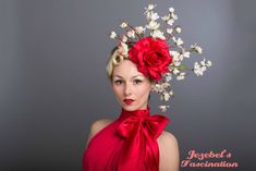 Starlet in Scarlet - A large red rose backed by many floral dogwood branches; the perfect standout romantic look to top off your garden party, tea party, or horse event! Red Fitted Fascinator For Garden Party, Red Summer Fascinator With Handmade Flowers, Red Fascinator For Spring Garden Party, Red Fascinator For Royal Ascot Garden Party, Red Handmade Flowers Fascinator For Summer, Red Fascinator For Garden Party At Royal Ascot, Summer Red Fascinator With Handmade Flowers, Elegant Red Fascinator For Garden Party, Red Flower Fascinator For Party