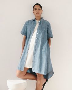 The Daytripper Shirtdress Ivy Blue ReChambray – Everlane Casual Button-up Shirt Dress With Rolled Sleeves, Classic Summer Shirt Dress With Spread Collar, Classic Spread Collar Shirt Dress For Summer, Classic Shirt Dress With Spread Collar For Summer, Spring Short Sleeve Shirt Dress For Day Out, Short Sleeve Shirt Dress For Spring Day Out, Casual Short Sleeve Shirt Dress With Rolled Sleeves, Relaxed Fit Collared Shirt Dress With Pockets, Shirttail Hem Shirt Dress For Daywear