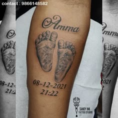 three different pictures of the same person's feet with their names tattooed on them