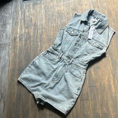 Nwt Topshop Kort Denim Romper Size 4 New W/ Tags Sold Out Style Online! Fitted Medium Wash Cotton Overalls, Fitted Cotton Overalls In Washed Blue, Fitted Light Wash Overalls With Pockets, High Waist Denim Vest With Pockets For Spring, Fitted Light Wash Denim Jumpsuit With Pockets, High-waist Denim Vest With Pockets For Spring, Spring High Waist Denim Vest With Pockets, Cotton Fitted Washed Jumpsuits And Rompers, Fitted Denim Overall Vest In Casual Style