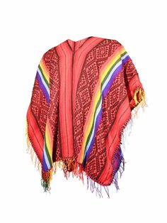 Our traditional woven red and black poncho with rainbow stripes is as stylish as it is practical at keeping the chill off. Pattern and fringe may vary slightly. Woven in the Sacred Valley of the Incas, Peru. Traditional Red Poncho For Fall, Traditional Red Fall Poncho, Red Poncho For Festival In Fall, Traditional Red One-size Poncho, Red Fall Festival Poncho, Traditional Red Shawl Poncho, Red Bohemian Poncho For Festival, Red Bohemian Shawl Poncho, Traditional Red Poncho For Festivals