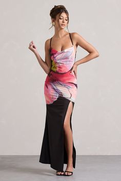 Kali Black Floral Print Cowl-Neck Open-Back Split Maxi Dress – Club L London - USA Chic Floral Print Maxi Dress For Gala, Chiffon Maxi Dress With Floral Print For Cocktails, Floral Print Maxi Dress For Night Out, Floral Print Maxi Dress For Prom, Multicolor Floral Print Maxi Dress For Evening, Chic Floral Print Maxi Dress For Night Out, Pink Floral Print Backless Maxi Dress, Feminine Floral Print Backless Maxi Dress, Floral Print Backless Maxi Dress For Evening