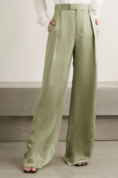 Green Satin Pants, Wide Pants Outfit, Muted Sage, Wide Leg Pants Outfit, Tailoring Techniques, Leg Pants Outfit, Yoga Pants Outfit Aesthetic, Pants Outfit Casual, Neutral Shades