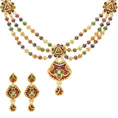 Pair this elaborate Indian gold necklace and earring set with your favorite gowns for a special occasion. The beautiful enamel meenakari print and glimmering 22k yellow gold will add a lush look of cultural vibrance. Features: • 22k yellow gold • Beading • Enamel Specifications: • Minimum Necklace Width - 2 millimeters • Maximum Necklace Width - 25 millimeters • Necklace Length - 16 to 18 inches • Minimum Earring Width - 1 millimeters • Maximum Earring Width - 17 millimeters • Earring Length - 1 Festive Multicolor 22k Gold Bridal Necklace, Multicolor 22k Gold Necklace For Diwali, Yellow Gold Meenakari Bridal Necklace For Celebration, Yellow Gold Bridal Necklace With Meenakari For Celebration, Ceremonial Multicolor Zari Work Jewelry, Yellow Gold Kundan Necklace With Meenakari For Celebration, Yellow Gold Temple Necklace With Meenakari For Celebration, Multicolor 22k Gold Bridal Necklace For Celebration, Multicolor Zari Work Temple Jewelry