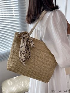 BagForLove - Chic Straw Bag with Twilly Scarf Accent Product Description Color Khaki Strap Type Double Handle Details Grommet Eyelet Pattern Type Plain Bag Size Small Style Vacation Type Straw Bag Closure Type Zipper Material PP Size Chart INCH CM Bag Length Bag Width Bag Height Handle Height 12.8 inch 2.6 inch 9.3 inch 7.9 inch Bag Length Bag Width Bag Height Handle Height 32.5 cm 6.5 cm 23.5 cm 20 cm Details Pictures Similar Products h2 { text-align: center; } /* æ¢è¡ */ li{ white-space: nor Beach Square Shoulder Bag, Elegant Beach Season Shopping Bags, Elegant Square Bag For Vacation, Elegant Beige Rectangular Beach Bag, Elegant Rectangular Beige Beach Bag, Elegant Shoulder Bag For Beach Season, Elegant Square Beach Bag, Spring Square Straw Bag, Elegant Beach Season Tote Bags