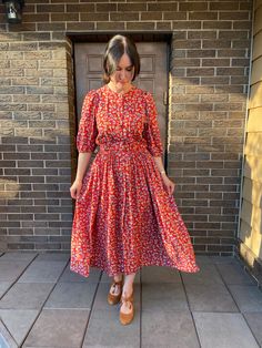 Vintage floral print  Dirndl  dress  with puffy sleeves.    **Composition: viscose  **condition: good vintage condition, please see last photo.   **Tagged size 42, fits size M/L.  **This item will come to you freshly laundered and ready to wear. Red Floral Print Midi Dress With Puff Sleeves, Floral Print Puff Sleeve Maxi Dress For Garden Party, Spring Floral Print Midi Prairie Dress, Spring Floral Print Prairie Dress Midi Length, Spring Floral Print Prairie Dress, Midi Length, Spring Floral Print Maxi Prairie Dress, Flowy Floral Print Maxi Dress With Puff Sleeves, Modest Floral Print Dress With Puff Sleeves, Vintage Spring Midi Dress With Gathered Sleeves