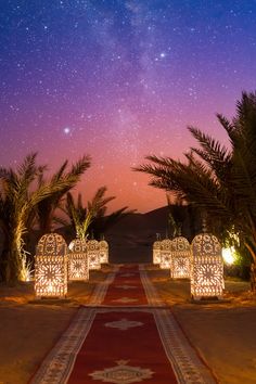 a red carpeted walkway leading to some palm trees with lights on it and the night sky in the background