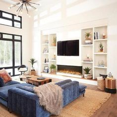 a living room filled with furniture and a flat screen tv mounted on the wall above a fireplace