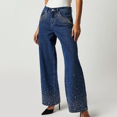 New W/O Price Tag Is An Overstock Outlet (Has Black Line Going Thru Cloth Label Name To Prevent Store Return) Authentic Milk It Jeans - Ziggy Embellished Jeans - Size 14; Measures Approx. 34" Waist, 43" Hips, 42" Length, 31" Inseam, 11.5" Rise -Sparkle And Shine With Every Wear In These Bejeweled Jeans From Milk It. Fit: Mid-Rise, Relaxed Wide-Leg Silhouette Features: Zip Fly And Button Closure, Five-Pocket Design, Semi-Rigid Denim, Rhinestone Embellishments Throughout Milk It With A Focus On Su Glamorous Embellished Bottoms For Fall, Embellished Pants For Fall, Embellished Wide Leg Summer Bottoms, Chic High Waist Embellished Pants, Embellished Wide Leg Bottoms For Summer, Fall Embellished Straight Leg Bottoms, Embellished Straight Leg Bottoms For Night Out, Casual Straight-leg Embellished Pants, Elegant Rhinestone-embellished Bottoms For Spring