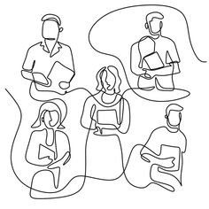 a line drawing of people sitting on the ground and talking to each other, with one person holding a book