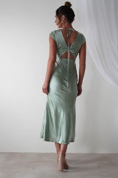 Nellie Soft Satin Midaxi Dress | Sage Green Fitted Midi-length Backless Dress With Tie Back, Fitted V-neck Maxi Dress With Corset Back, Fitted Backless Bias Cut Midi Dress, Spring Low Back Slip Dress With Bias Cut, Fitted Midi Slip Dress With Ruched Back, Spring Backless Slip Dress With Lace-up Back, Spring Midi Backless Dress With Lace-up Back, Fitted Slip Dress With Tie Back For Date Night, Spring Midi-length Backless Dress With Lace-up Back