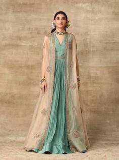 Ridhi Mehra-Teal Rushed Anarkali Paired With Cape-INDIASPOPUP.COM Luxury Organza Anarkali Set With Ruffles, Luxury Organza Anarkali Set Maxi Length, Luxury Chanderi Maxi Length Gown, Luxury Organza Anarkali Set For Ceremonies, Luxury Organza Anarkali Set, Luxury Organza Maxi Anarkali Set, Luxury Organza Ruffled Anarkali Set, Luxury Fitted Organza Anarkali Set, Luxury Ruffled Organza Anarkali Set