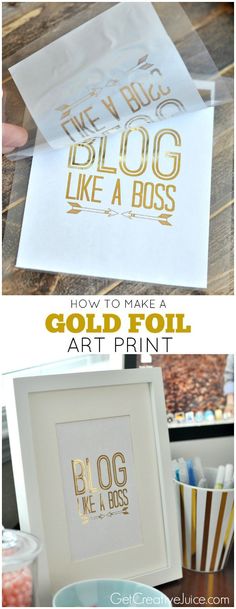 gold foil art print is being displayed in front of a white box with the words, how to make a gold foil art print