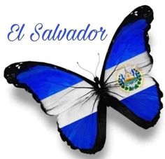 a blue and white butterfly with the flag of el salvador on it's wings