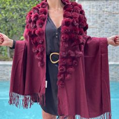 The Perfect Shawl To Keep U Warm In Style With Rabbit Fur Balls. Comes In Burgundy And In Black. Fur Shawl, Real Fur, Rabbit Fur, In Style, Shawl, Black And Red, Boutique, Red, Women Shopping