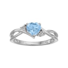 A heart-shaped simulated aquamarine gemstone serves as the focal point to this beautiful ring, while shimmering diamond accents add eye-catching style.RING DETAILSWidth: 6.5 mmMetal: 10k white goldPackaging: boxedSTONE DETAILSStone type: simulated aquamarineTotal weight: 3/4 ct.Center stone size: 6 mmShape: heartSetting: prongDIAMOND DETAILSTotal weight: less than 1/10 ct.Shape: single cutSetting: illusionGemstones may have been treated to enhance their appearance. Special care may be required. Aquamarine Rings Engagement, Aquamarine Heart Ring, Heart Cut Blue Topaz Rings For Anniversary, Heart Shaped Diamond Birthstone Ring With Accents, Heart-shaped Diamond Birthstone Ring With Accents, Valentine's Day Blue Diamond Ring, Blue Topaz Heart Cut Gemstone Rings, Heart Cut Blue Topaz Gemstone Rings, Fine Jewelry Heart Cut Birthstone Ring With Diamond Accents