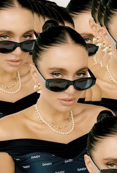 an image of a woman wearing sunglasses with pearls on her head and in the middle