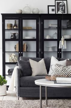 a living room filled with furniture and lots of shelves