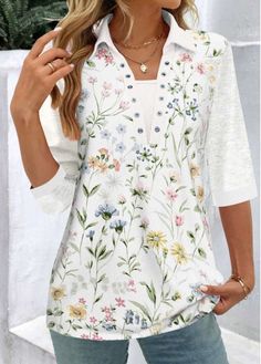 Color:White;Size:S;Size:M;Size:L;Size:XL;Size:XXL;Package Contents:1 X Blouse;Occasion:Other;Style:Casual; Summer Long Sleeve Tops With Splicing, Long Sleeve Summer Top With Splicing, Summer Blouse With Long Sleeves And Splicing Details, Long Sleeve Blouse With Splicing For Summer, Long Sleeve Spliced Blouse For Summer, White Short Sleeve Blouse With Patchwork, White Long Sleeve Patchwork Top, White Floral Print Long Sleeve Blouse, Spring V-neck Patchwork Blouse