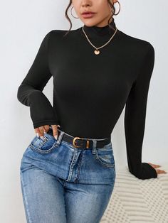 Negro Casual Collar manga larga Tela tejida Liso  Embellished Estiramiento medio Shein Basics, Mock Neck Long Sleeve, Women T Shirts, Black Casual, Long Sleeve Knit, Mock Neck, All Fashion, Women Clothing, Long Sleeve T Shirt