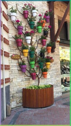 a tree made out of potted plants on the side of a building