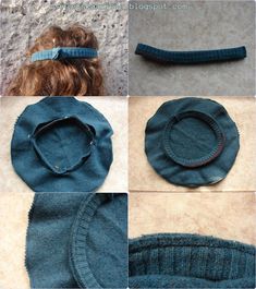 four pictures showing how to sew an old pair of jeans into a headband