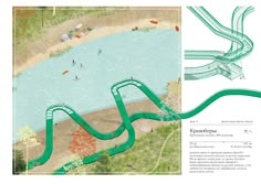 an artist's rendering of a water park with a green track and people swimming in it