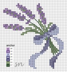 a cross stitch pattern with purple flowers in the shape of an arrow on a white background