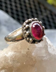 Beautiful Pink Turmaline Sterling Silver Vintage Ring Tourmaline Bezel-set Oval Cabochon Ring, Tourmaline Bezel Set Ring In Oval Cabochon, Tourmaline Ring With Bezel Setting In Oval Cabochon, Red Tourmaline Gemstone Ring, Silver Tourmaline Cabochon Ring, Silver Cabochon Tourmaline Ring, Silver Tourmaline Rings With Cabochon, Silver Tourmaline Ring With Accent Stones, Silver Tourmaline Birthstone Ring