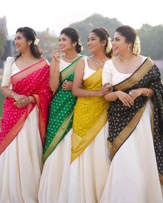 Bridesmaid Dresses South Indian, South Indian Wear For Women, South Indian Choli Design, Jhanvi Kapoor South Indian Look, Half Saree For Bridesmaid, Party Wear Dhavani, South Indian Traditional Dress For Women, Bridesmaid Dress Ideas Indian, Traditional Saree Outfit