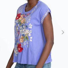 Nwt Johnny Was Josephine Relaxed Tee Size Large Beautiful Embroidery Spring Purple Embroidered Cotton Top, Purple Casual Embroidered Top For Spring, Casual Purple Embroidered Top For Spring, Casual Purple Top With Floral Embroidery, Purple Embroidered Top With Relaxed Fit, Casual Purple Floral Embroidered Top, Lavender Relaxed Fit Cotton Tops, Casual Purple Embroidered Top, Spring Purple Crew Neck Top