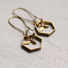 Honey Bee Earrings, Hexagon Earrings, Bee Jewelry, Bee Mine, Insect Jewelry, Gold Bee, Bee Earrings, Statement Drop Earrings, Jewelry Statement