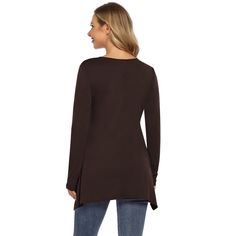 Soft Women Tops: 95% Rayon+ 5% Spandex. The versatile and flowy long sleeve/short sleeve ladies tunic tops are made of soft, breathable and stretch material which makes them lightweight, skin-friendly, comfortable to wear and easy to relax in! Sexy Chic Design: Short sleeve/long sleeve, fashion v-neck, criss-cross front, loose fit, irregular hemline, long flowy hem, perfect to hide belly and hips. These v-neck ladies tunic tops for leggings drape nicely, creating an elongated effect on body prop Stretch Solid Color Blouse For Fall, Versatile Brown Long Sleeve Top, Fall Stretch Solid Color Blouse, Brown Long Sleeve Solid Color Blouse, Brown Long Sleeve Solid Blouse, Stretch Brown Long Sleeve Top For Fall, Brown Stretch Long Sleeve Top For Fall, Non-stretch Long Sleeve Blouse For Fall, Long Sleeve Solid Color Blouse For Layering