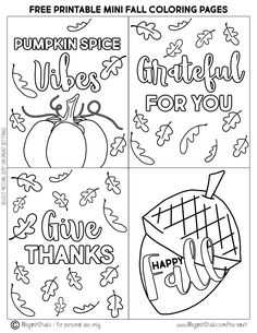 free printable fall coloring pages for kids with pumpkins, apples and happy words