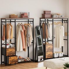 an open closet with clothes hanging on the rack and shoes sitting on the floor next to it