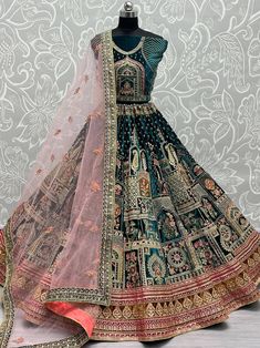 Bodacious Turqouise Zari Embroidery Velvet Bridal Lehenga Choli Horse Motif, Lehenga Choli Wedding, Indian Bride Outfits