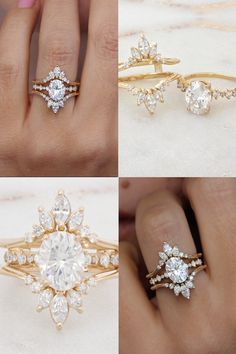 four different types of engagement rings with diamonds on each ring and the other one in gold